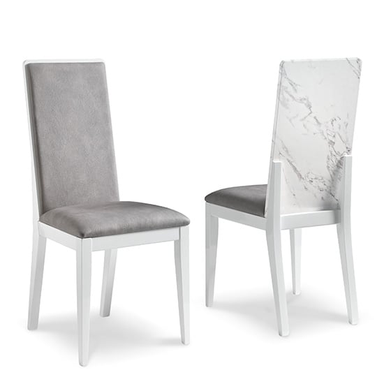 Product photograph of Attoria White Marble Effect Wooden Dining Chair In Grey Seat from Furniture in Fashion