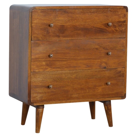Product photograph of Bacon Wooden Curved Chest Of Drawers In Chestnut With 3 Drawers from Furniture in Fashion