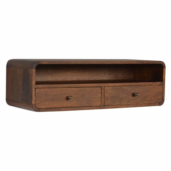 Product photograph of Bacon Wooden Curved Wall Hung Console Table In Chestnut from Furniture in Fashion