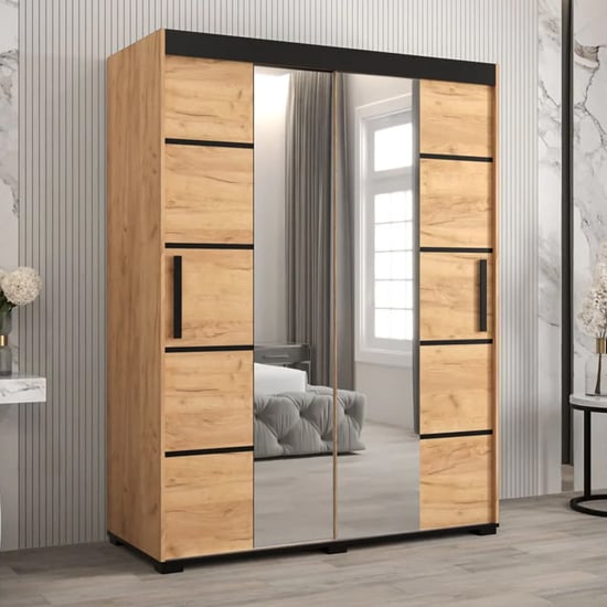 Beilla VI Mirrored Wardrobe 2 Sliding Doors 150cm In Golden Oak