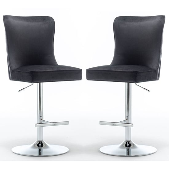 Product photograph of Belkon Black Velvet Upholstered Gas-lift Bar Chairs In Pair from Furniture in Fashion