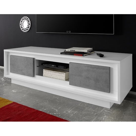 Product photograph of Borden Wooden 2 Doors Tv Stand In Matt White And Cement Effect from Furniture in Fashion