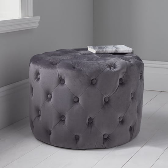 Product photograph of Brea Round Tufted Velvet Pouffe In Grey from Furniture in Fashion