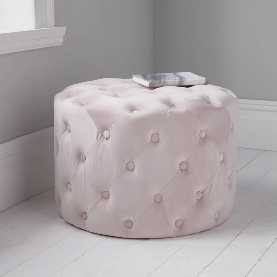 Product photograph of Brea Round Tufted Velvet Pouffe In Pastel Pink from Furniture in Fashion