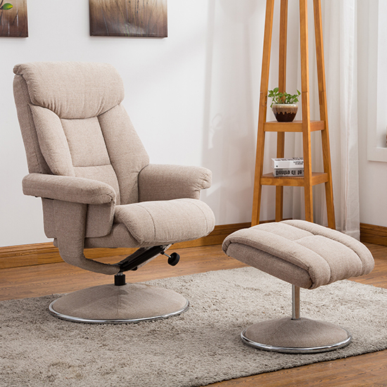 Product photograph of Brixton Fabric Swivel Recliner Chair With Footstool In Wheat from Furniture in Fashion