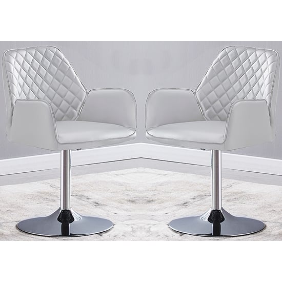 Bucketeer Swivel White Faux Leather Dining Chairs In Pair