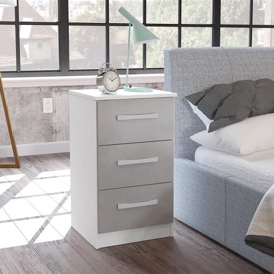 Product photograph of Carola Bedside Cabinet In White Grey High Gloss With 3 Drawers from Furniture in Fashion