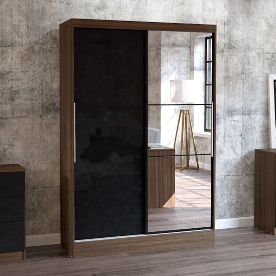 Product photograph of Carola Mirrored Sliding Wardrobe In Walnut And Black High Gloss from Furniture in Fashion
