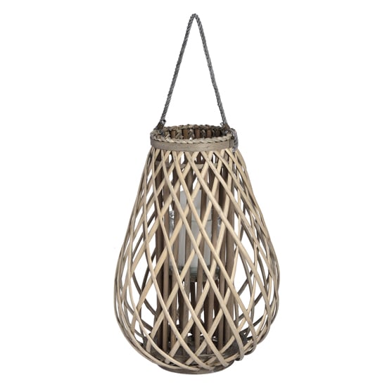Product photograph of Cave Large Wicker Bulbous Lantern In Brown With Glass Hurricane from Furniture in Fashion