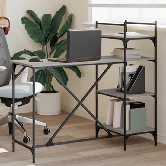 Chiltern Wooden Laptop Desk With 4 Shelves In Grey Sonoma