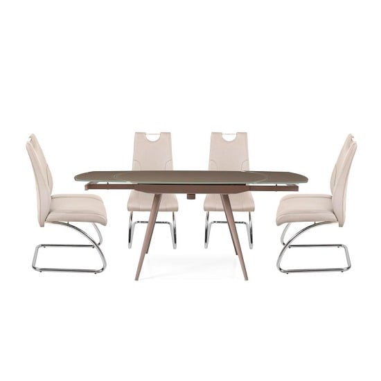 Product photograph of Cortina Extendable Glass Dining Table In Taupe 4 Champagne Chair from Furniture in Fashion