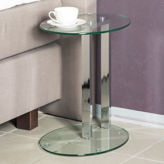 Product photograph of Creek Round Clear Glass Side Table With Chrome Stand from Furniture in Fashion
