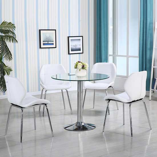 Product photograph of Dante Glass Dining Table In Clear With 4 White Dinky Chairs from Furniture in Fashion