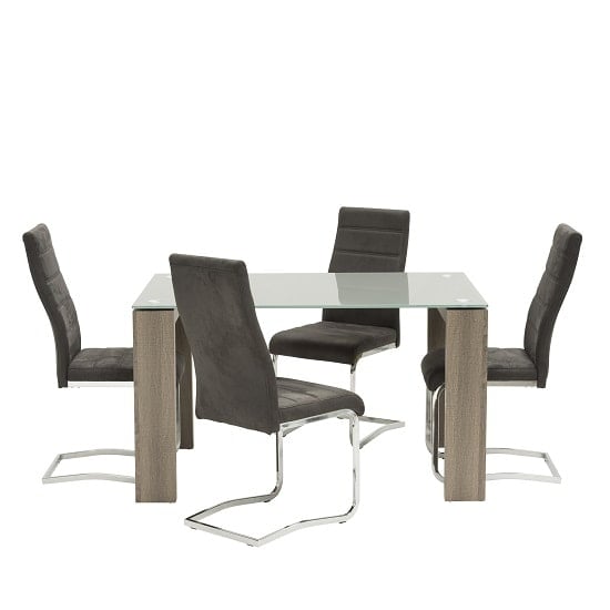 Devan Glass Dining Table Small In Grey With 4 Black Chairs
