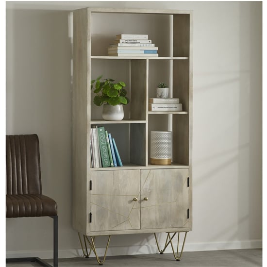 Product photograph of Dhort Wooden Bookcase In Natural With 2 Doors 5 Shelves from Furniture in Fashion