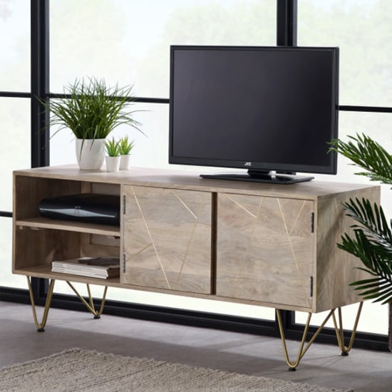 Product photograph of Dhort Wooden Tv Stand In Natural With 2 Doors 1 Shelf from Furniture in Fashion