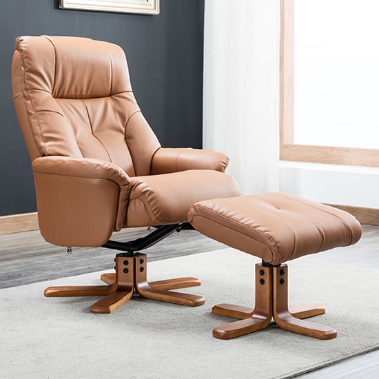 Product photograph of Dox Plush Swivel Recliner Chair And Footstool In Tan from Furniture in Fashion