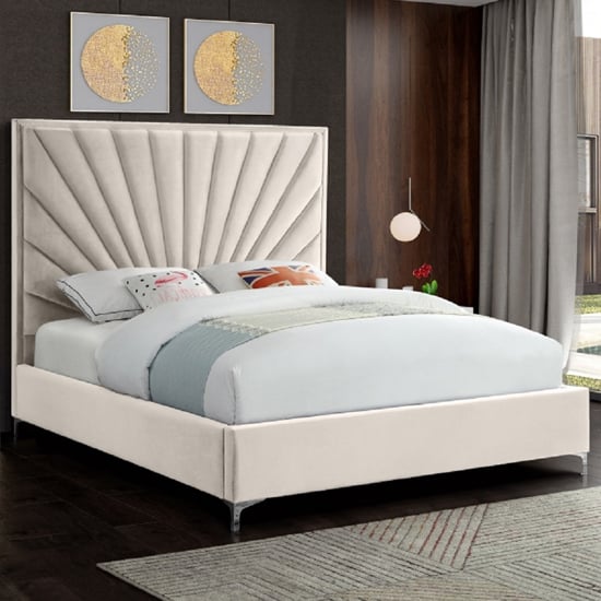 Product photograph of Einod Plush Velvet Upholstered King Size Bed In Cream from Furniture in Fashion