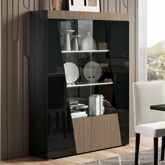Enna High Gloss Display Cabinet In Black With 2 Doors And LED