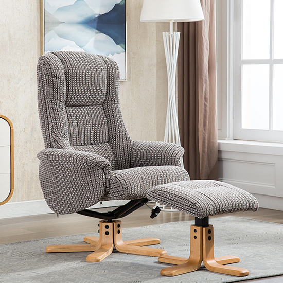 Product photograph of Fairlop Fabric Swivel Recliner Chair And Footstool In Latte from Furniture in Fashion