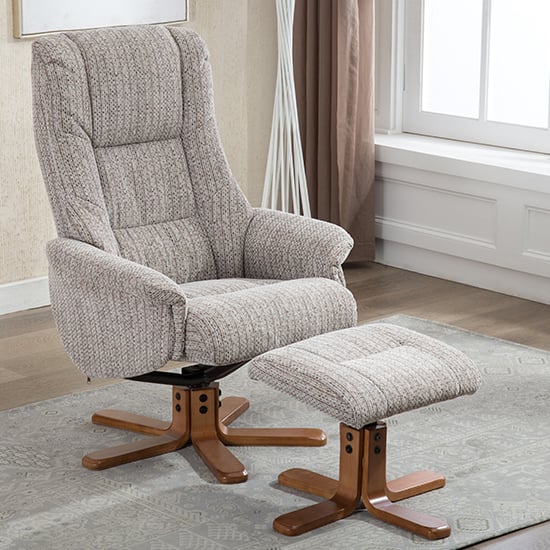 Product photograph of Fairlop Fabric Swivel Recliner Chair And Footstool In Wheat from Furniture in Fashion