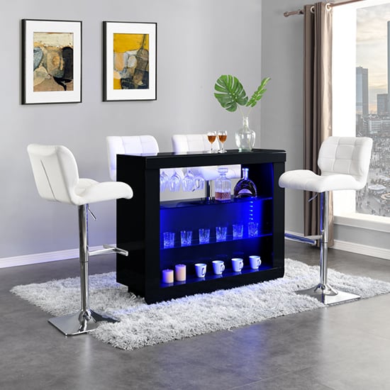 Product photograph of Fiesta Black High Gloss Bar Table With 4 Candid White Stools from Furniture in Fashion