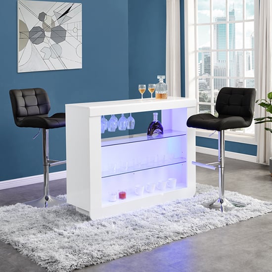 Product photograph of Fiesta White High Gloss Bar Table With 2 Candid Black Stools from Furniture in Fashion