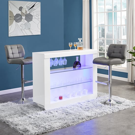 Product photograph of Fiesta White High Gloss Bar Table With 2 Candid Grey Stools from Furniture in Fashion