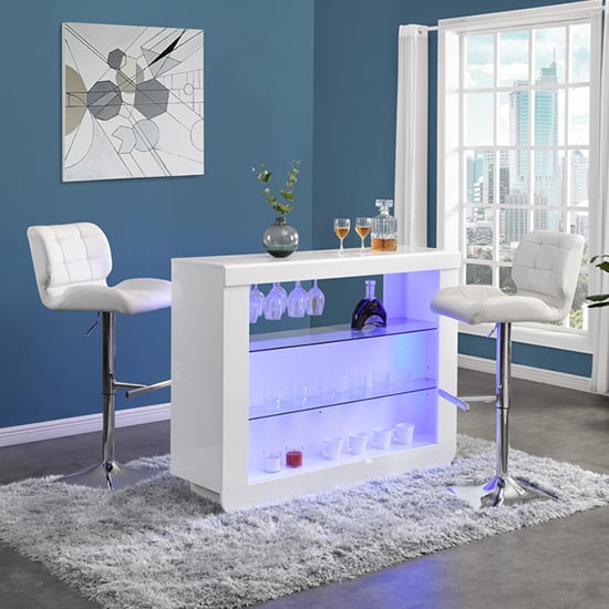 Product photograph of Fiesta White High Gloss Bar Table With 2 Candid White Stools from Furniture in Fashion