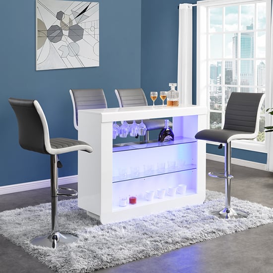 Product photograph of Fiesta White High Gloss Bar Table With 4 Ritz Grey White Stools from Furniture in Fashion
