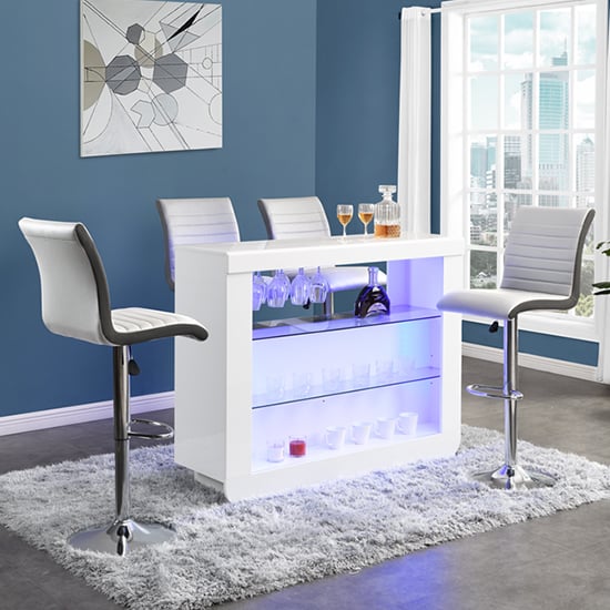 Product photograph of Fiesta White High Gloss Bar Table With 4 Ritz White Grey Stools from Furniture in Fashion
