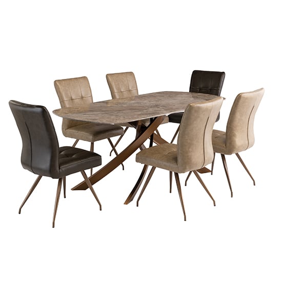 Fiora Brown Stone Dining Table With 6 Kalista Taupe Chairs
