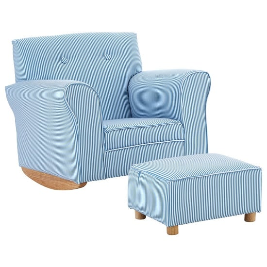 Product photograph of Floride Kids Rocker Chair With Foot Stool In Blue And White from Furniture in Fashion