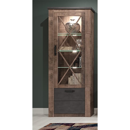 Product photograph of Gerald Led Tall Wooden Display Cabinet In Matera And Brown Oak from Furniture in Fashion