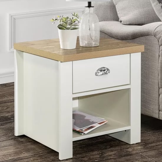 Highland Wooden Lamp Table With 1 Drawer In Cream And Oak