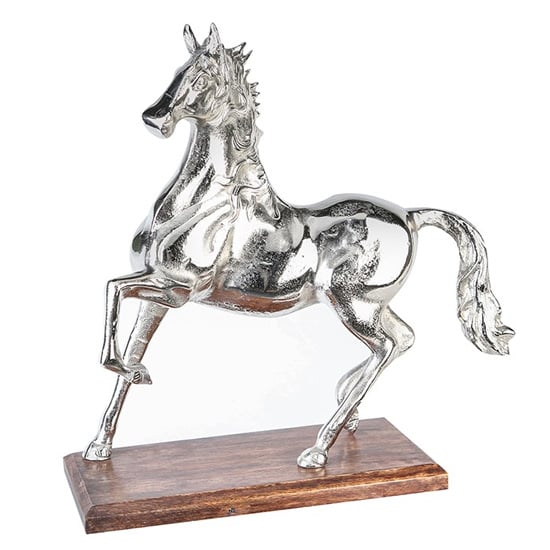 Product photograph of Horse Sculpture In Antique Aluminium With Brown Wooden Base from Furniture in Fashion