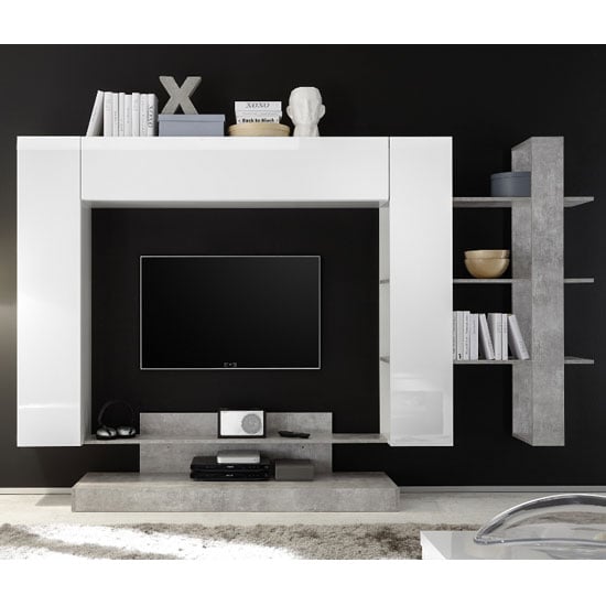 Iris Large Entertainment Unit In White Gloss And Cement Effect