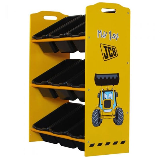 Product photograph of Jcb Kids Black 9 Bins Storage Stand In Yellow from Furniture in Fashion