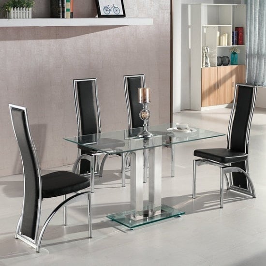 Jet Small Clear Glass Dining Table With 4 Chicago Black Chairs