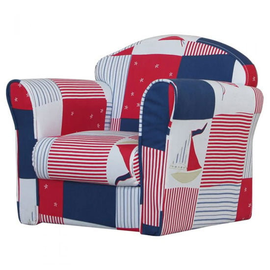 Product photograph of Kids Mini Fabric Armchair In Red With Blue Patchwork from Furniture in Fashion