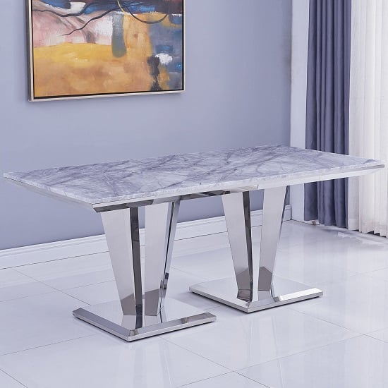 Product photograph of Leming Marble Large Dining Table In Grey With Twin Pedestal from Furniture in Fashion