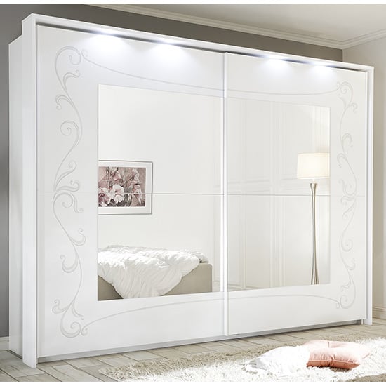 Product photograph of Lerso Led Mirrored Sliding Door Wardrobe In Serigraphed White from Furniture in Fashion