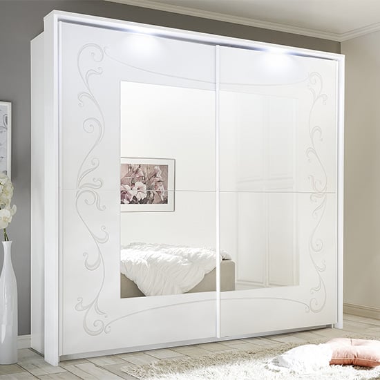 Product photograph of Lerso Led Sliding Door Mirrored Wardrobe In Serigraphed White from Furniture in Fashion