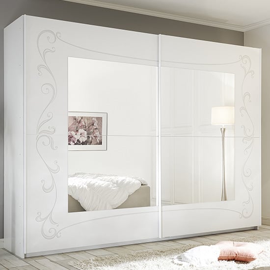 Product photograph of Lerso Mirrored Sliding Door Wardrobe In Serigraphed White from Furniture in Fashion