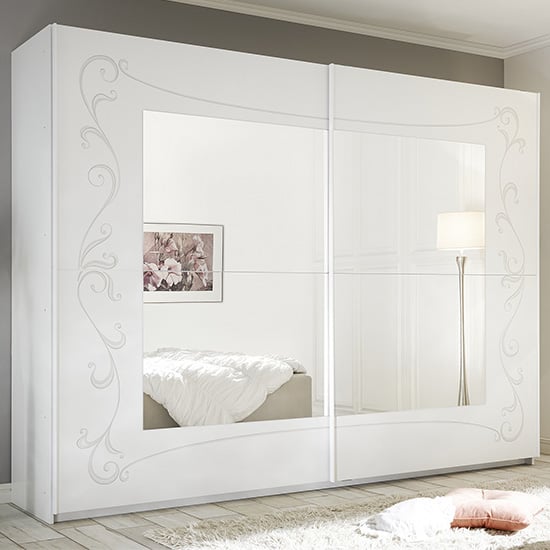 Product photograph of Lerso Mirrored Wooden Sliding Wardrobe In Serigraphed White from Furniture in Fashion