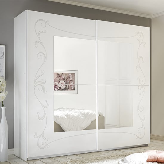 Product photograph of Lerso Sliding Door Mirrored Wardrobe In Serigraphed White from Furniture in Fashion