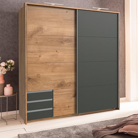 Product photograph of Limoni Sliding Wooden Wardrobe In Planked Oak And Graphite from Furniture in Fashion
