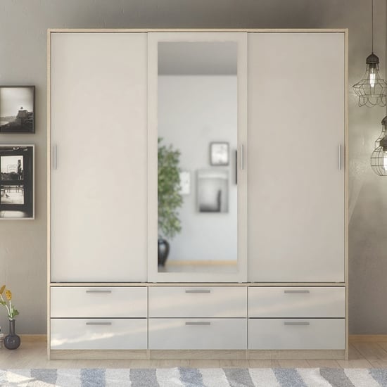 Product photograph of Liston Mirrored Sliding Doors Wardrobe In Oak And White Gloss from Furniture in Fashion