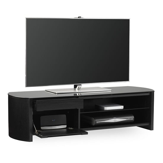 Flare Large Black Glass TV Stand With Black Oak Wooden Frame