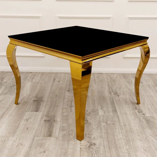 Laval Square Black Glass Dining Table With Gold Curved Legs